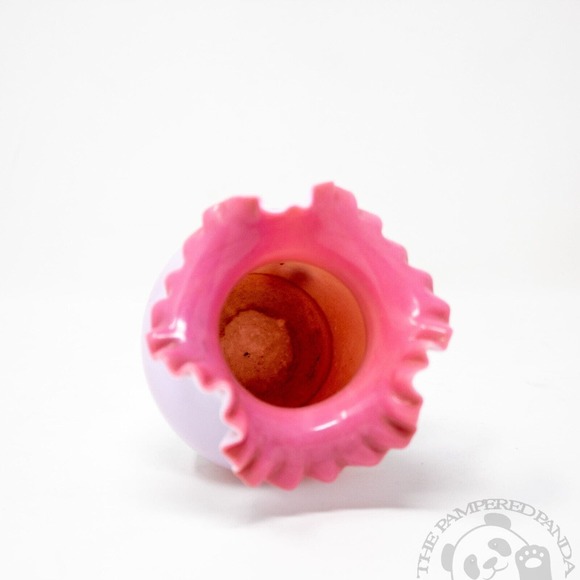 Bohemian Harrach Hand Enameled Bird & Flowers White Cased Pink Ruffled Vase - Picture 3 of 4